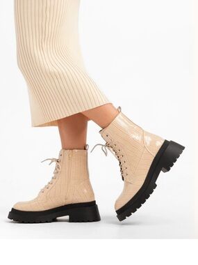 Topshop Chunky Lace-Up Croc-Embossed Boots in Beige